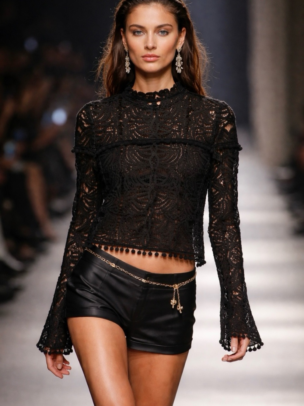 Tularosa Black Lace Pom-Trim Long Sleeve Blouse